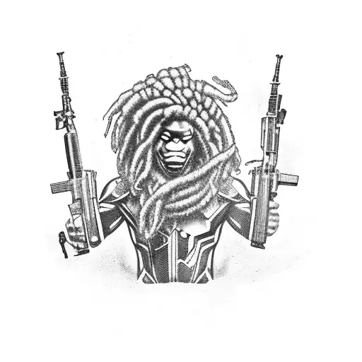 A Powerful Black Warrior With Dreadlocks Wielding A Gun