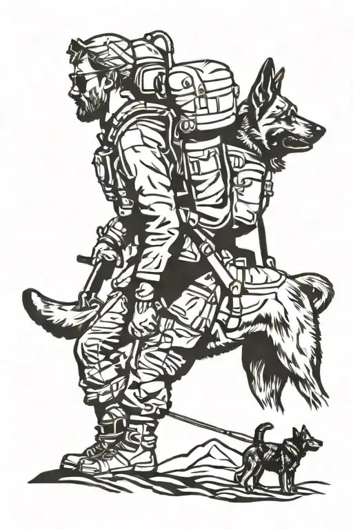 A Silhouette Of A Hiker Trekking Up A Mountain With A Military Dog By Their Side
