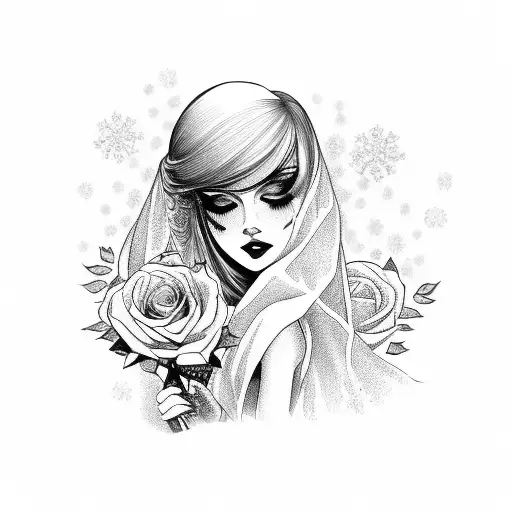 A Beautiful Sad Emo Bride Standing Holding Roses In The Snow