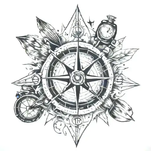 A Blackwork Tattoo Of A Compass Rose With Hunting And Fishing Equipment As The Cardinal Directions