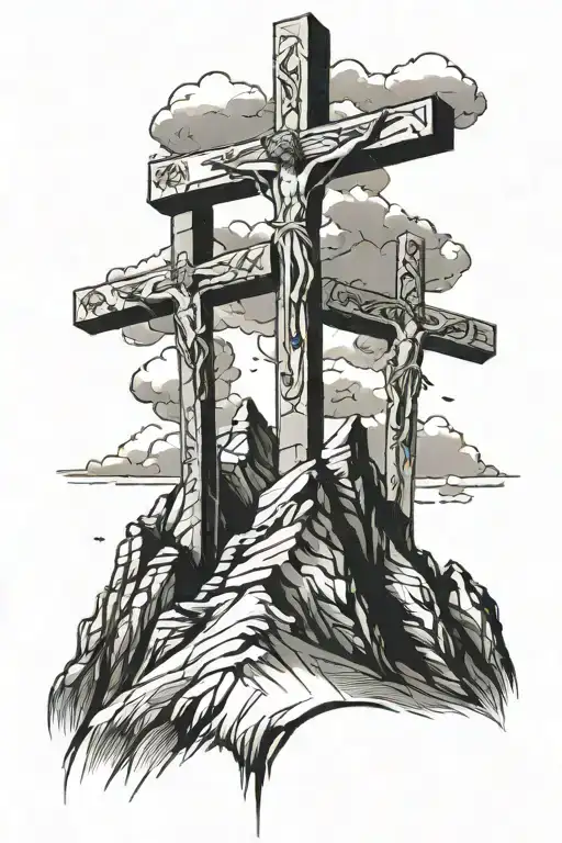 3 Crosses With Jesus Christ On Mountain Peak