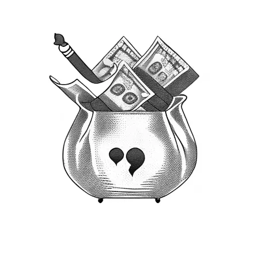A Blackwork Tattoo Of A Money Bag With A Smoking Cigar Sticking Out