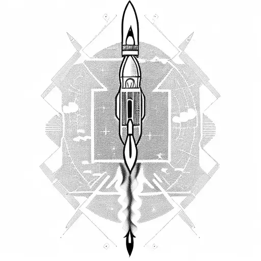 A Blackwork Tattoo Of A Detailed Blueprint Of A Rocket Ship Launching Into Space