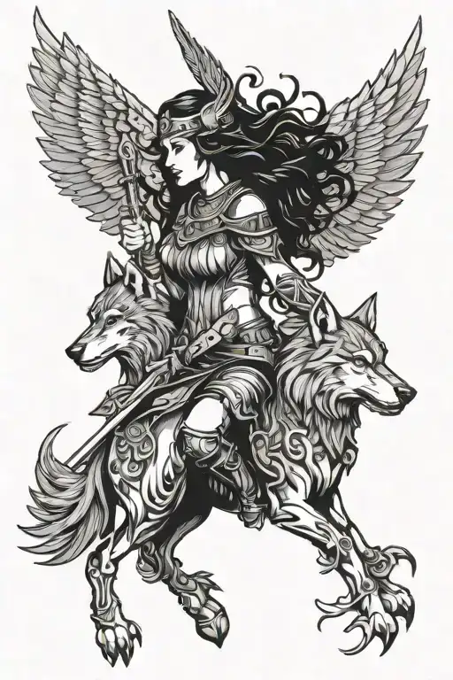 Valkyrie With Raven And Wolf