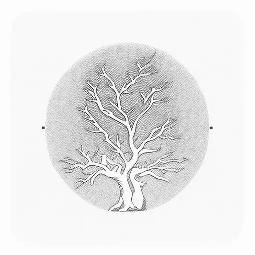 A Blackwork Tattoo Of A Majestic Tree With A Hidden Silhouette Of A Cat Among Its Branches