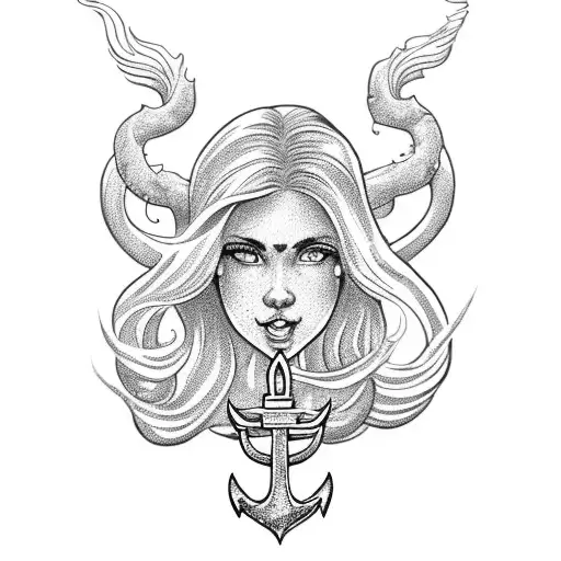 A Majestic Mermaid Holding A Golden Anchor And Steering A Helm