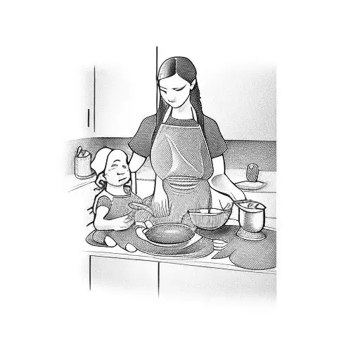 A Blackwork Tattoo Depicting A Mother And Child Cooking Together In A Cozy Kitchen