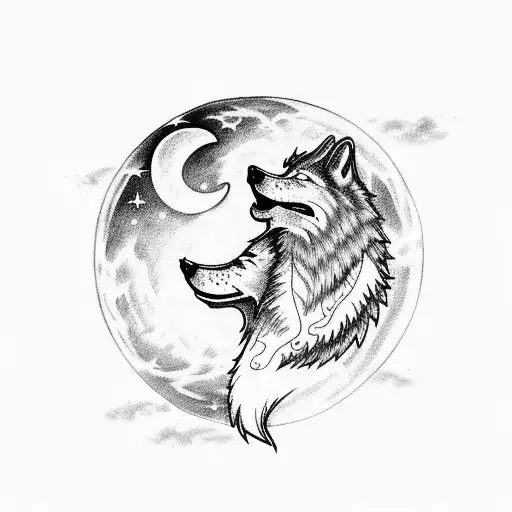 A Fierce Wolf Howling At The Moon In A Dark Forest