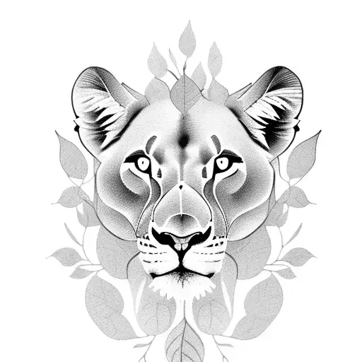 Lioness Portrait Surrounded By Various Flowers And Leaf Branches