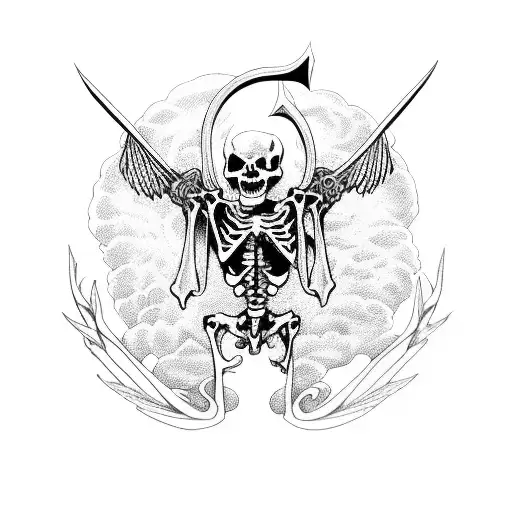 A Skeletal Angel Of Death Holding A Scythe In A Blackwork Style