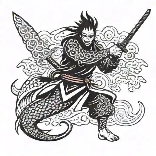 Tribal Tattoo Samurai Fish Holding A Katana