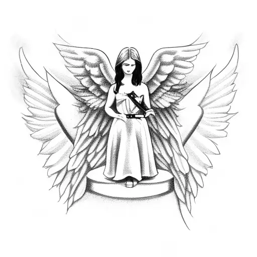 Angel In Designer With Gun And Cross