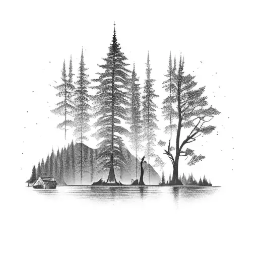 Pine Tree Silhouette With A Lake Cabin In The Middle And Mountains Above The Cabin