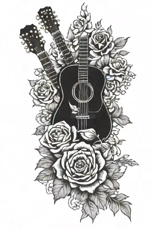 Johnny Cash Acoustic Guitar Framed By Flowers With A Sailor Jerry Style Banner Along The Bottom