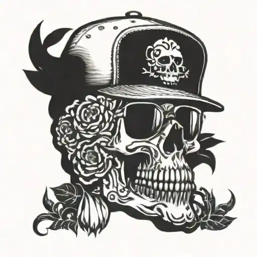 Skull Wearing Sunglasses And Ball Cap With Flowers Surrounding
