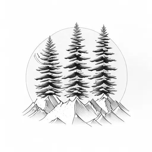 Three Pine Trees With A Mountain Backdrop