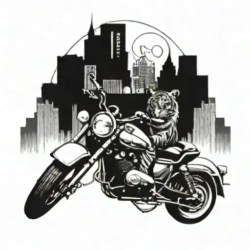 A Tiger Riding A Vintage Motorcycle Through Different City Skylines