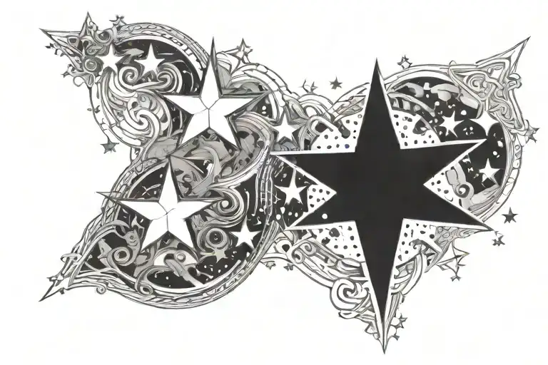 Three Stars In The Middle Then Surrounding It Like Airy Watery Vibes Around It In Black And Whiite