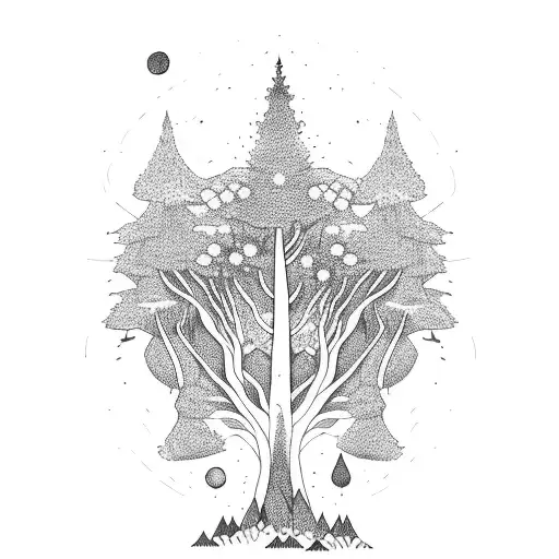 A Mystical Forest With Towering Trees Reaching Towards The Starry Night Sky