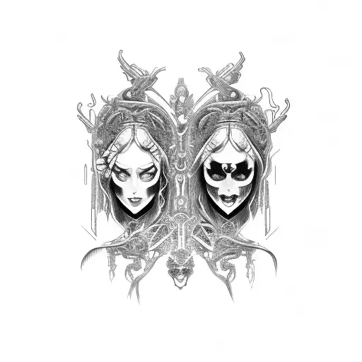 Gothic Gemini Cyborg Twin Sisters Wide Collier Tattoo Waivy Hair