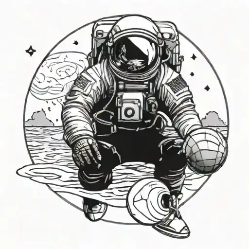 Astronaut Looking Over Water During The Night Holding A Basketball