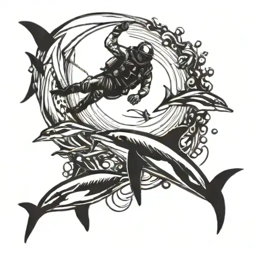 A Blackwork Tattoo Of A Scuba Diver Swimming With A Pod Of Dolphins In The Ocean