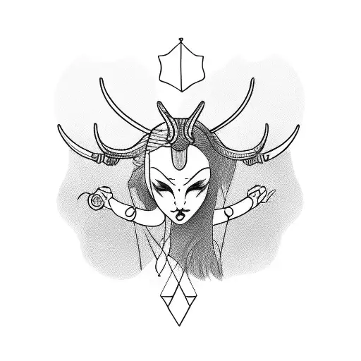 Beautiful Girl With Horns With Crows Flying Around Her