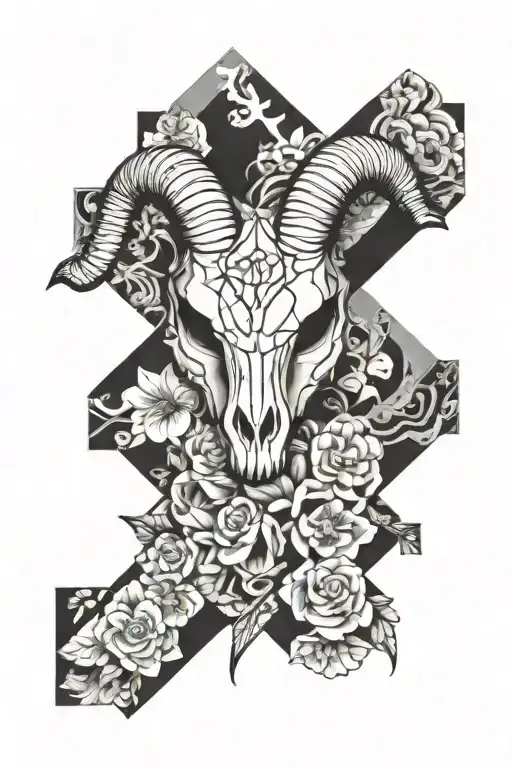 A Sleeve Patchwork Tattoo Featuring A Ram Skull Face