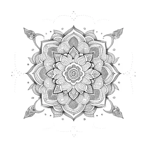 A Blackwork Tattoo Of A Mandala Incorporating Ribbons And Floral Motifs