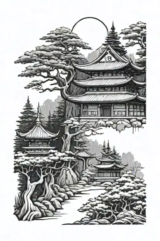 Tattoo Of A Japanese Temple In A Forest With A Samurai In The Forest