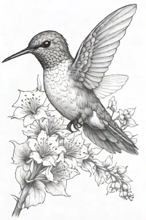 Small Realistic Hummingbird Flying Above Dragonflies And Wildflowers