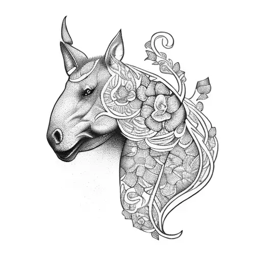 A Blackwork Tattoo Of A Horseshoe With Intricate Floral Patterns