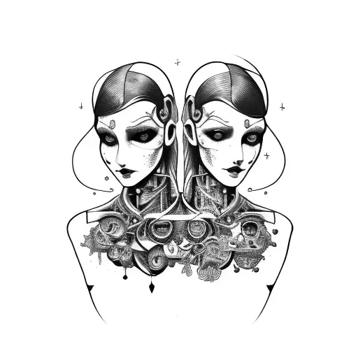 Cyborg Gothic Gemini Sisters Faces Conjoined Holding Hands