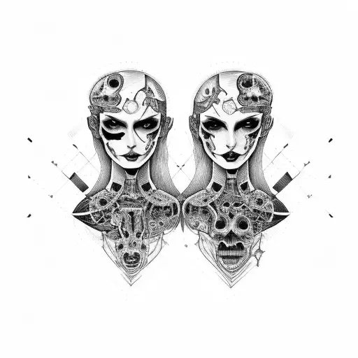 Goth Cyborg Gemini Sisters Conjoined Facing Each Other