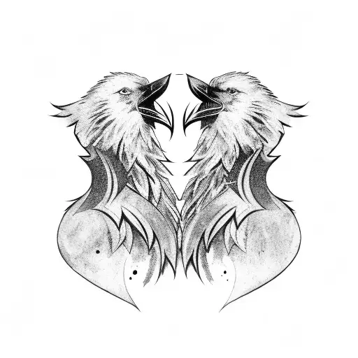 Two Norse Ravens On Each Side Of The Neck Looking At Each Other