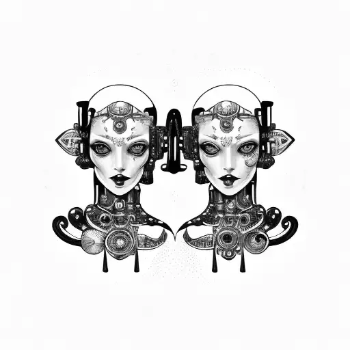 Cyborg Gemini Goth Sisters Faces Conjoined Holding Hands