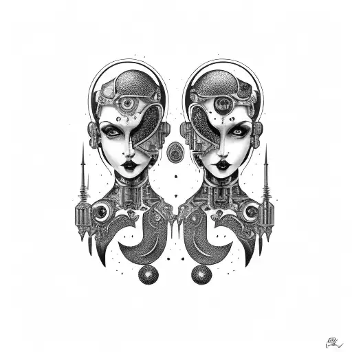Cyborg Gothic Gemini Sisters Faces Conjoined Holding Hands
