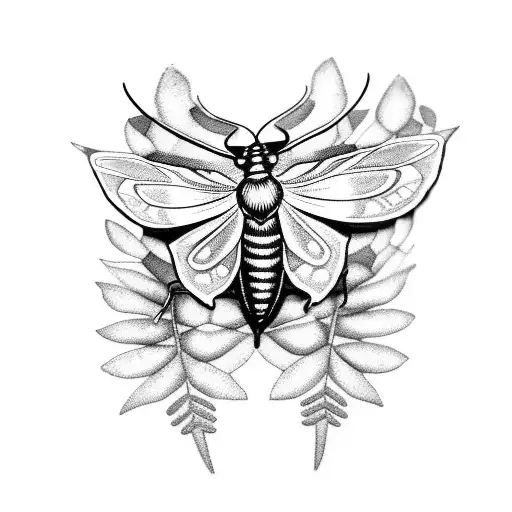 A Detailed Blackwork Tattoo Of A Moth Perched On A Fern Leaf