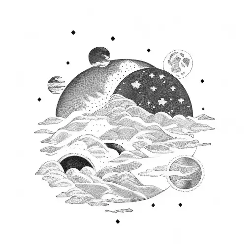 A Blackwork Tattoo Of A Cosmic Landscape With A Moon And Stars