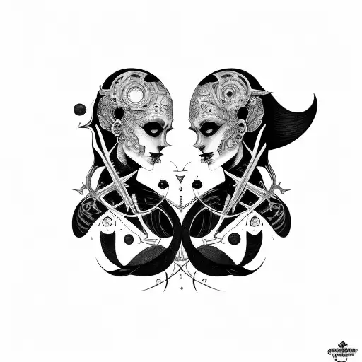 Goth Cyborg Gemini Sisters Conjoined Facing Each Other