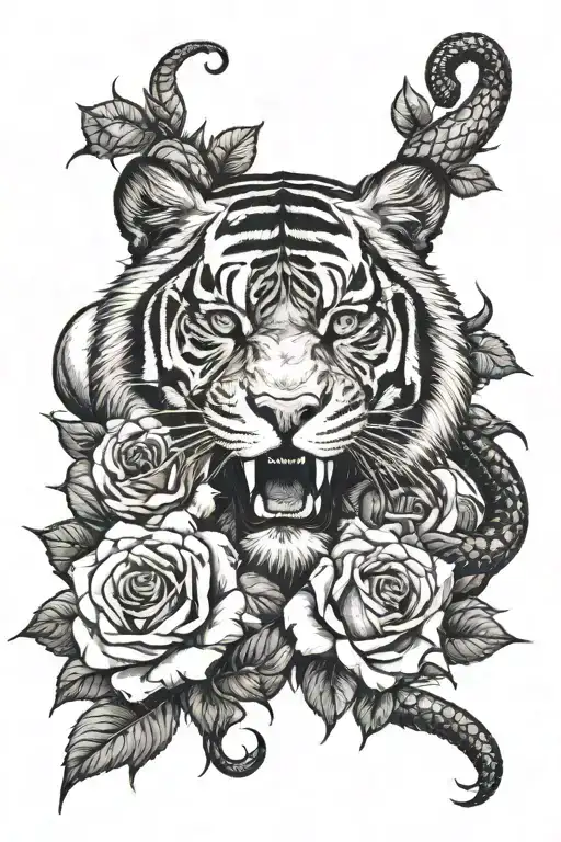 Roses Tiger Head And A Snake