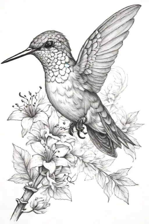 Realistic Hummingbird And Dragonfly And Wildflowers