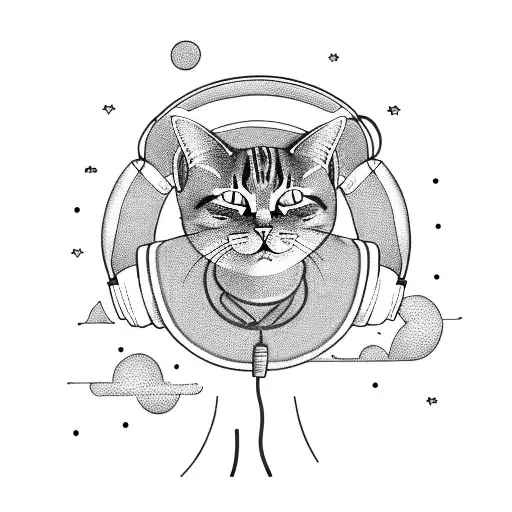 A Cat Wearing Headphones And Djing With Vinyl Records Under A Starry Sky