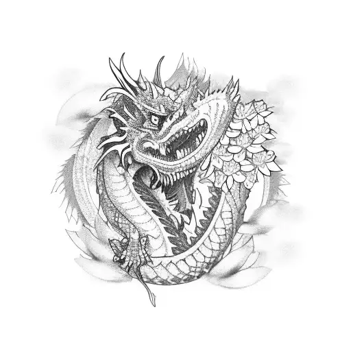 A Fierce Dragon Emerging From A Bed Of Sakura Flowers