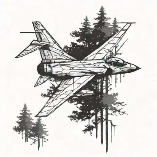An Abstract Representation Of A Jet Fighter Soaring Through A Forest