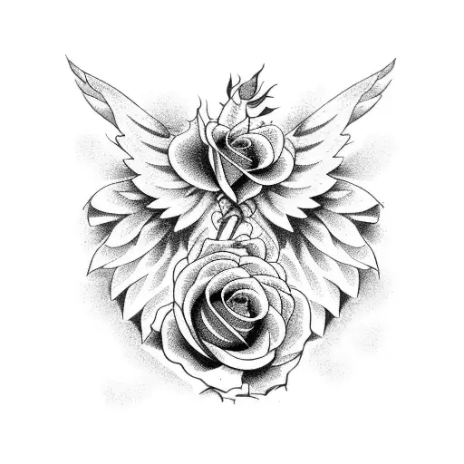 A Bouquet Of Roses Intertwined With Angel Wings