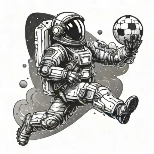 A Futuristic Football Player In Space Suit Scoring A Goal On A Distant Planet