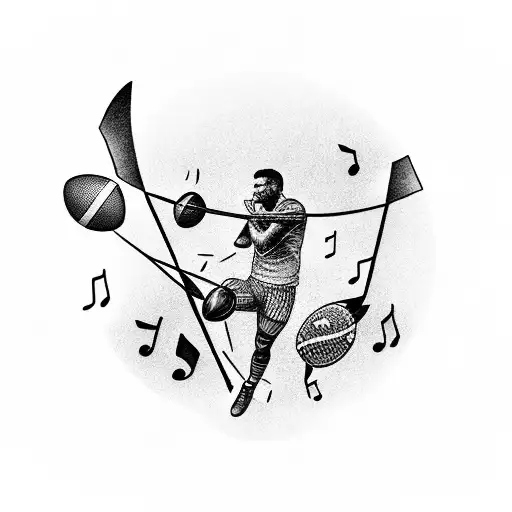A Blackwork Tattoo Of A Football Player Surrounded By Musical Notes And Nature Elements