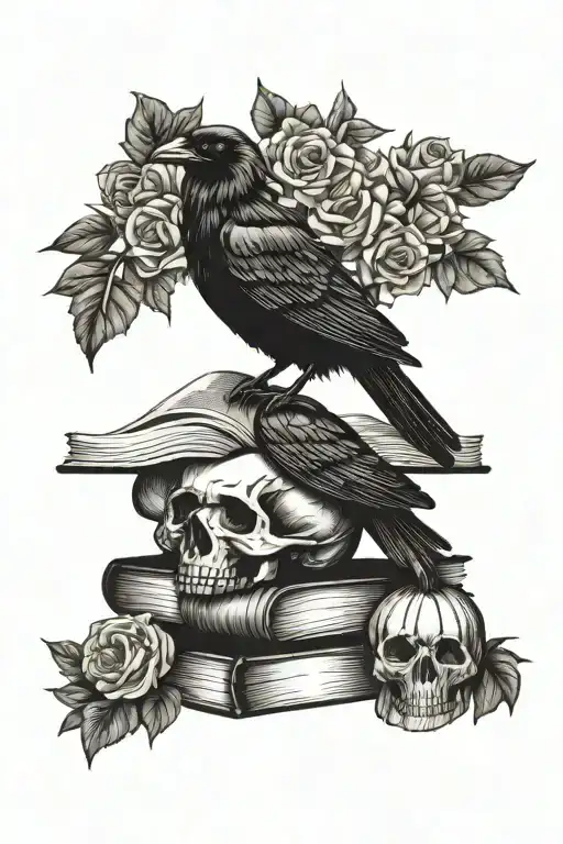 Raven Sitting On Skull With Books And Roses And Pumpkins