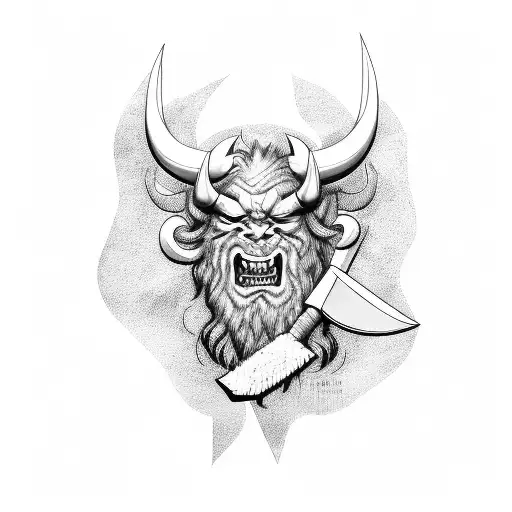 Hairy Demon With Ax Lifting Bull Head